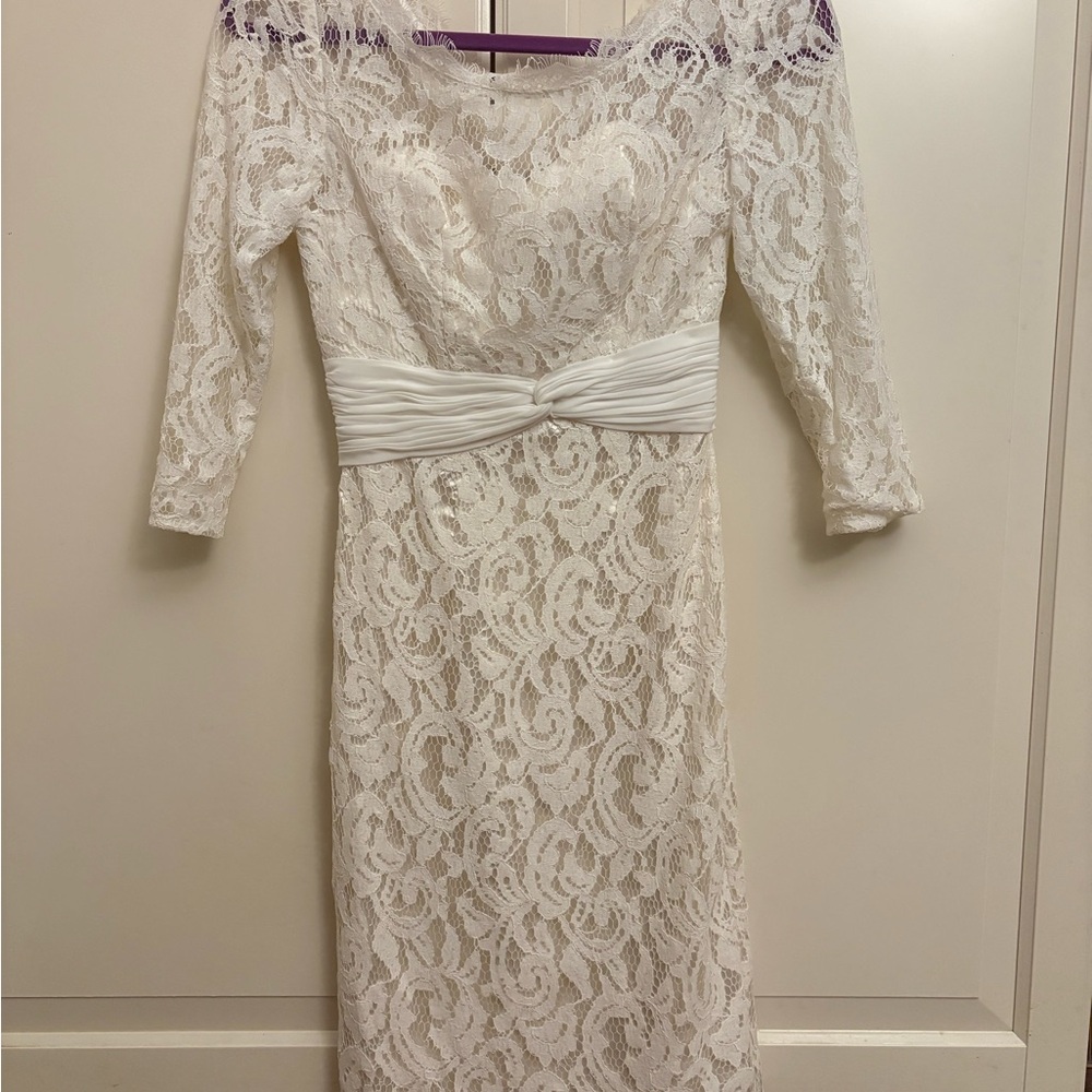 50s Style Knee Length White Lace Wiggle Dress, 3/4 Sleeve